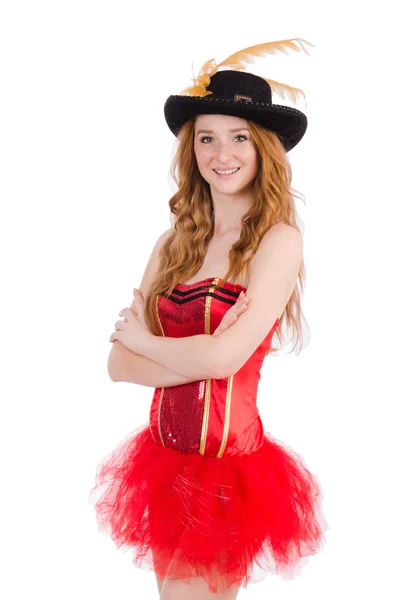 Rood haar meisje in Carnaval kostuum geïsoleerd op wit — Stockfoto