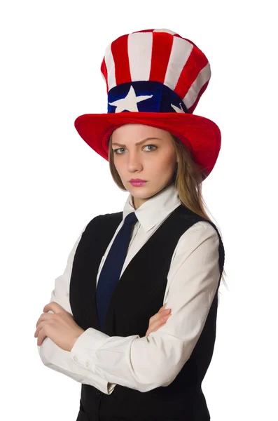 Mulher usando chapéu com símbolos americanos — Fotografia de Stock