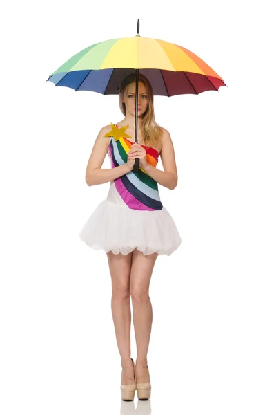 Frau mit buntem Regenschirm auf weißem Grund — Stockfoto