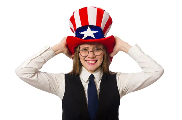 Donna che indossa un cappello con simboli americani — Foto Stock