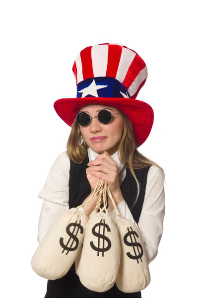 Donna con sacchi di denaro isolato su bianco — Foto Stock