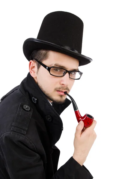 Jonge detective met rookpijp geïsoleerd op wit — Stockfoto