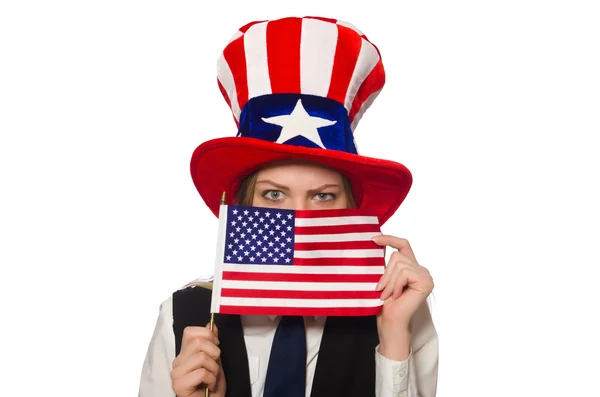 Mulher usando chapéu com símbolos americanos — Fotografia de Stock