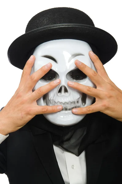 Uomo con maschera spaventosa isolato su bianco — Foto Stock