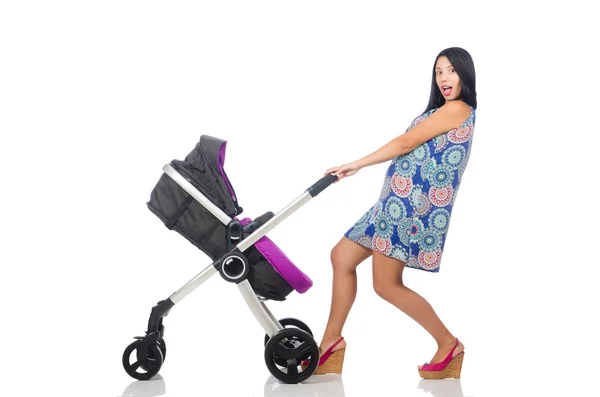 Happy mom with her baby in pram — Stock Photo, Image