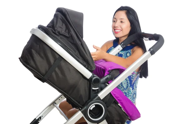 Happy mom with her baby in pram — Stock Photo, Image