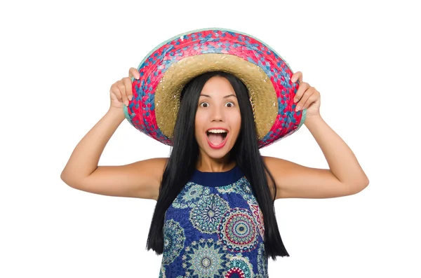 Giovane donna attraente che indossa sombrero su bianco — Foto Stock