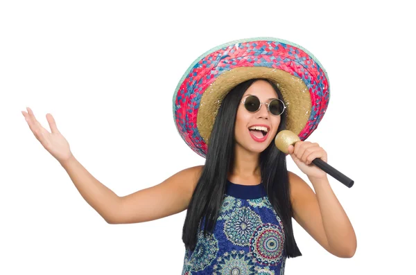 Junge attraktive Frau trägt Sombrero auf Weiß — Stockfoto