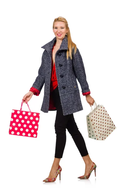 Donna con shopping bags isolata su bianco — Foto Stock