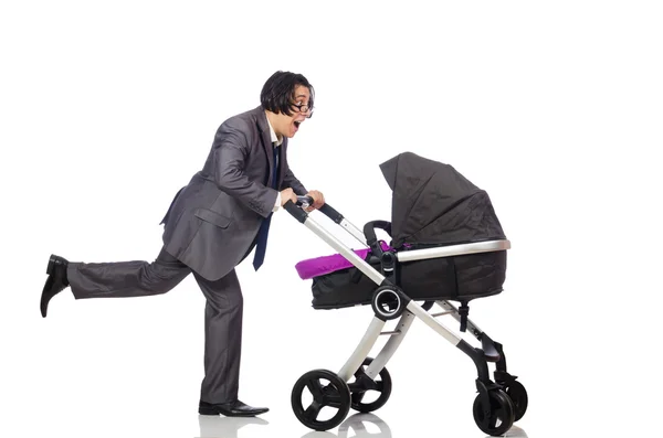 Funny dad with baby and pram on white — Stock Photo, Image