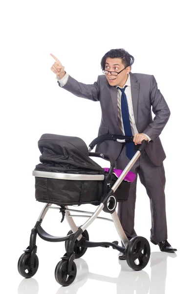 Смішний тато з дитиною і коляскою на білому — стокове фото