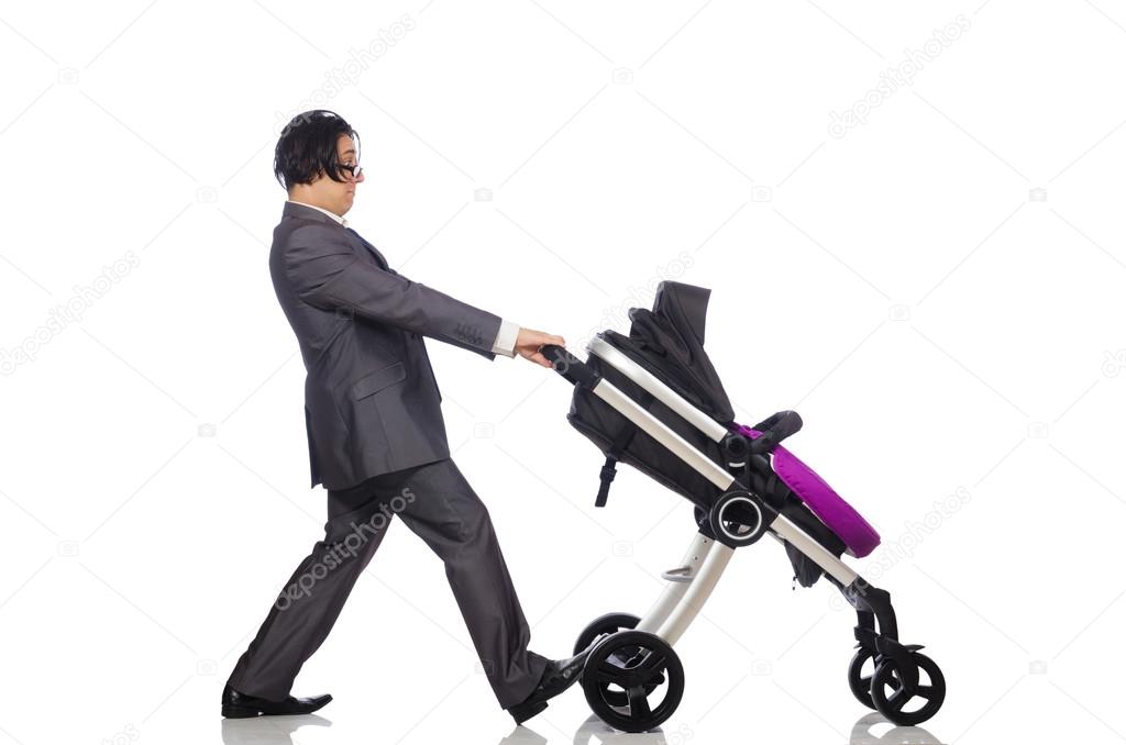 Funny dad with baby and pram on white