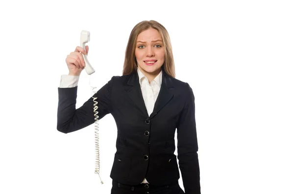 예쁜 사무실 직원이 흰색으로 분리 된 전화기를 들고 있습니다 — 스톡 사진