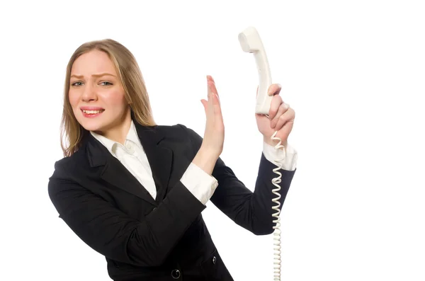 Bonito funcionário de escritório segurando telefone isolado no branco — Fotografia de Stock