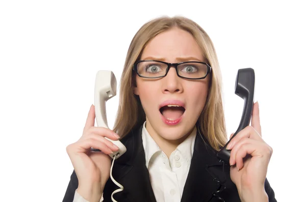 Hezký kancelářský zaměstnanec držící telefon izolované na bílé — Stock fotografie