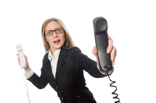 Pretty office employee holding phone isolated on white — Stock Photo, Image