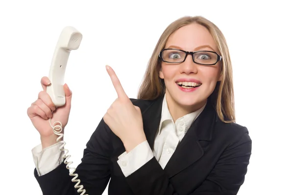 Bastante empleado de oficina sosteniendo teléfono aislado en blanco — Foto de Stock