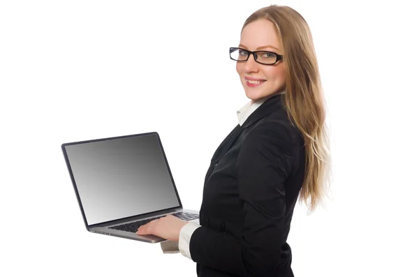 Bonito funcionário de escritório com laptop isolado em branco — Fotografia de Stock