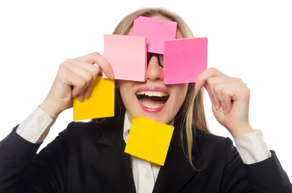 Mujer con recordatorios aislados en blanco — Foto de Stock