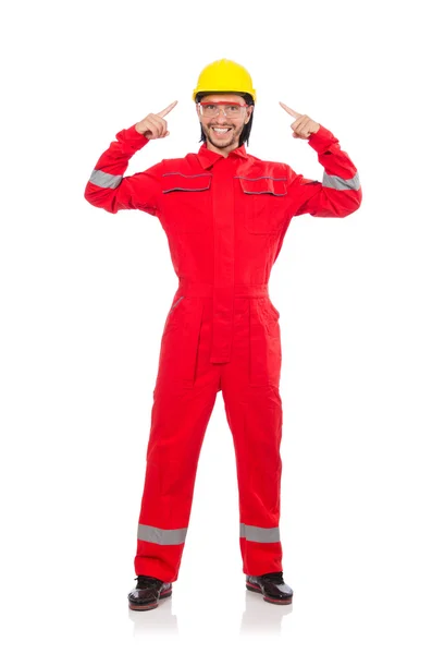 Man draagt rode overall geïsoleerd op wit — Stockfoto