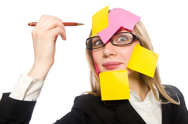 Mujer con recordatorios aislados en blanco — Foto de Stock