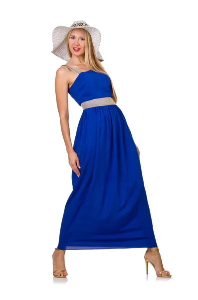 Schöne Frau im langen blauen Kleid isoliert auf weiß — Stockfoto