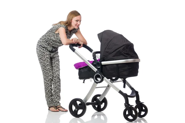 Happy mom with her baby in pram — Stock Photo, Image