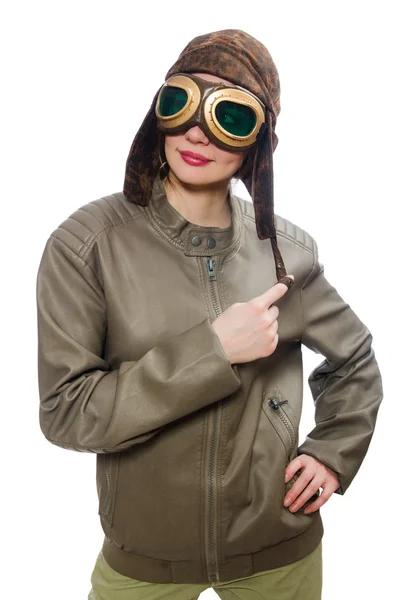 Funny woman pilot isolated on white — Stock Photo, Image