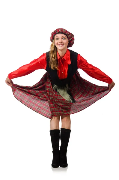 Lustige Frau in schottischer Kleidung auf weißem Grund — Stockfoto