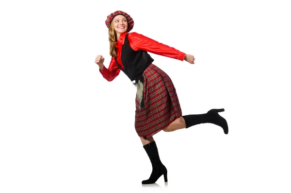 Funny woman in scottish clothing on white — Stock Photo, Image