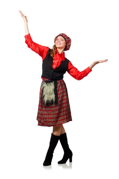 Mujer divertida en ropa escocesa en blanco — Foto de Stock