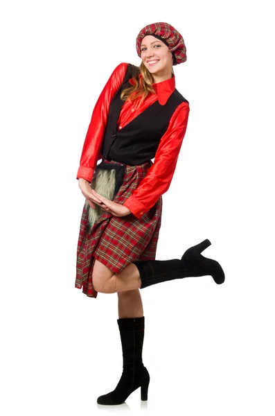 Mujer divertida en ropa escocesa en blanco —  Fotos de Stock