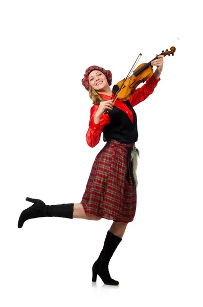 Mulher engraçada em roupas escocesas com violino — Fotografia de Stock