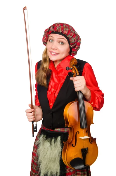 Mulher engraçada em roupas escocesas com violino — Fotografia de Stock