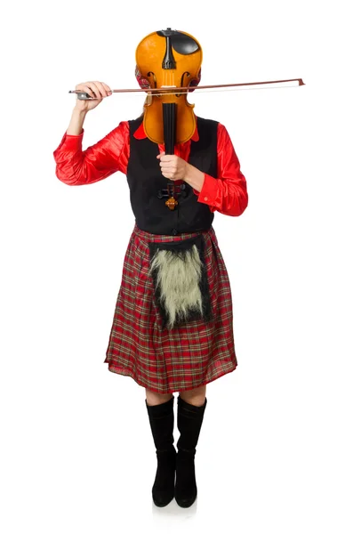 Funny woman in scottish clothing with violin — Stock Photo, Image