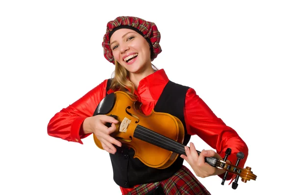 Funny woman in scottish clothing with violin — Stock Photo, Image