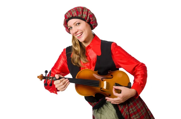 Funny woman in scottish clothing with violin — Stock Photo, Image