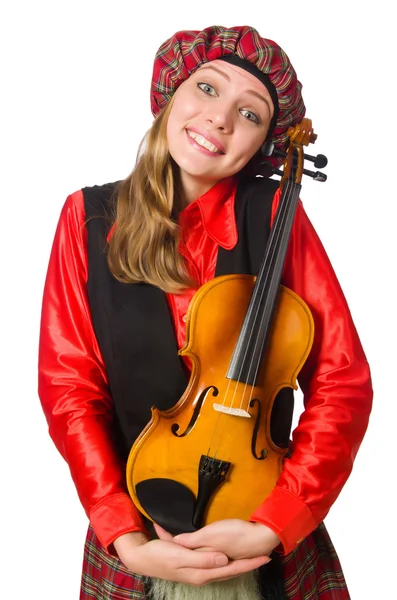 Grappige vrouw in Schotse kleding met viool — Stockfoto