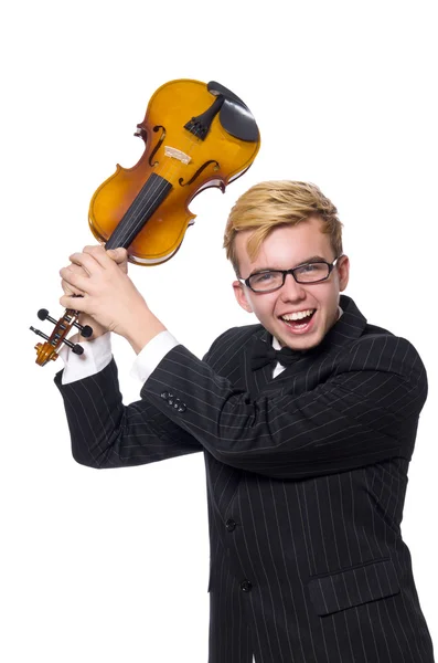 Jovem músico com violino isolado em branco — Fotografia de Stock