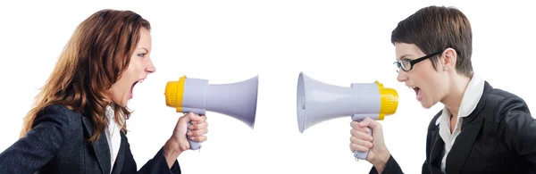 Young business lady screaming to loudspeaker — Stock Photo, Image