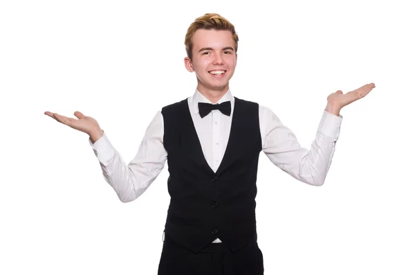 Young man in black classic vest isolated on white — Stock Photo, Image