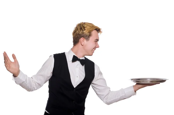 Офіціант тримає тарілку ізольовано на білому — стокове фото