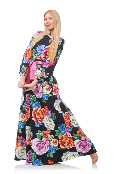 Flicka i lång blomma klänning isolerad på vitt — Stockfoto