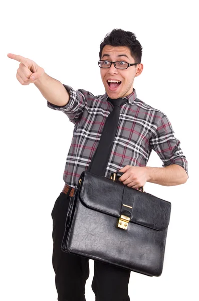 Young employee with backpack isolated on white — Stock Photo, Image