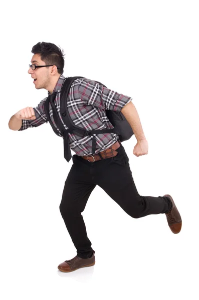 Young employee with backpack isolated on white — Stock Photo, Image