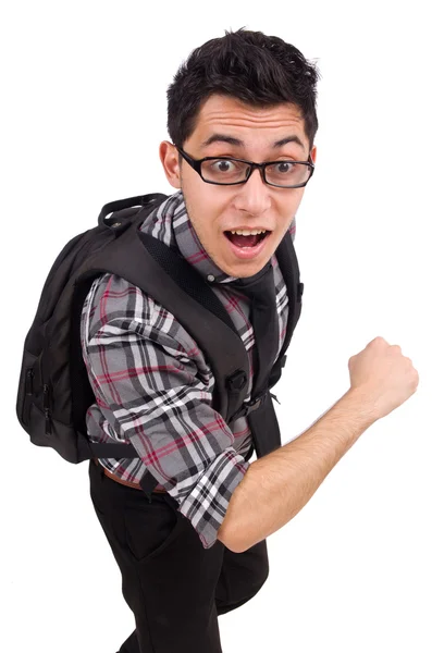 Jovem funcionário com mochila isolada em branco — Fotografia de Stock