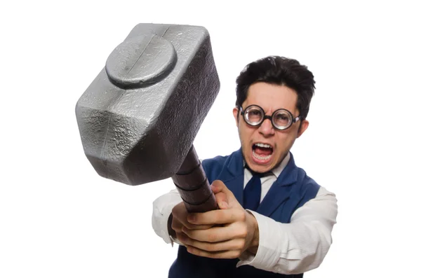 Junger Mann hält Hammer isoliert auf weißem Grund — Stockfoto