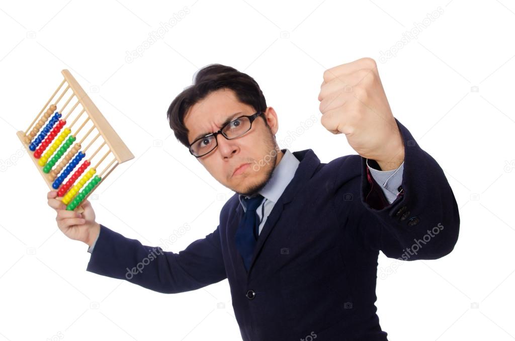 Angry accountant with abacus isolated on white