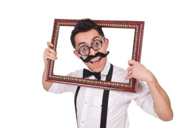 Beyaz izole kare olan genç adam