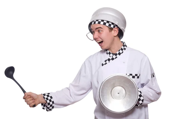Mladí kuchaři drží pan izolovaných na bílém — Stock fotografie